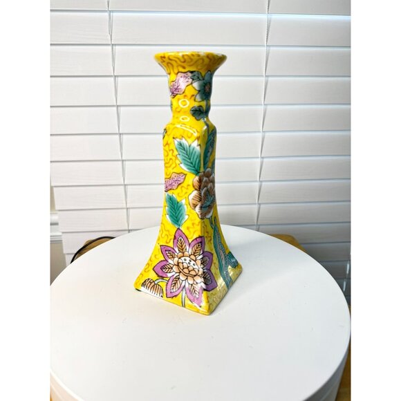 Vintage Chinese Porcelain Candlestick Holder Yellow Floral - Picture 6 of 8